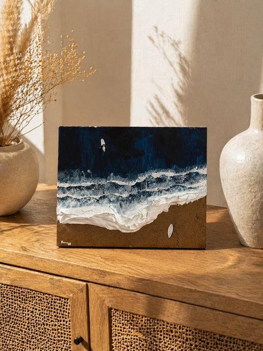 Décoration d’intérieur minimaliste : Surfeurs sur vagues - Acrylique texturée sur bois