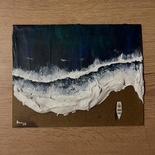 Décoration d’intérieur minimaliste : Barque et vagues - Acrylique texturée sur bois