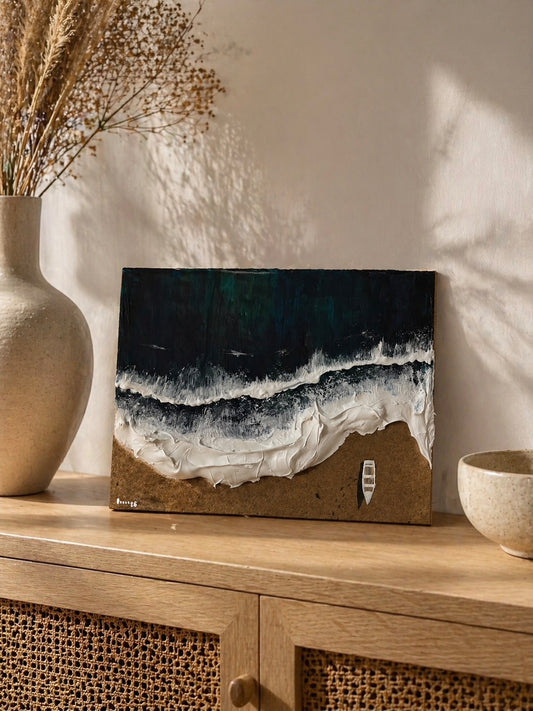 Décoration d’intérieur minimaliste : Barque et vagues - Acrylique texturée sur bois