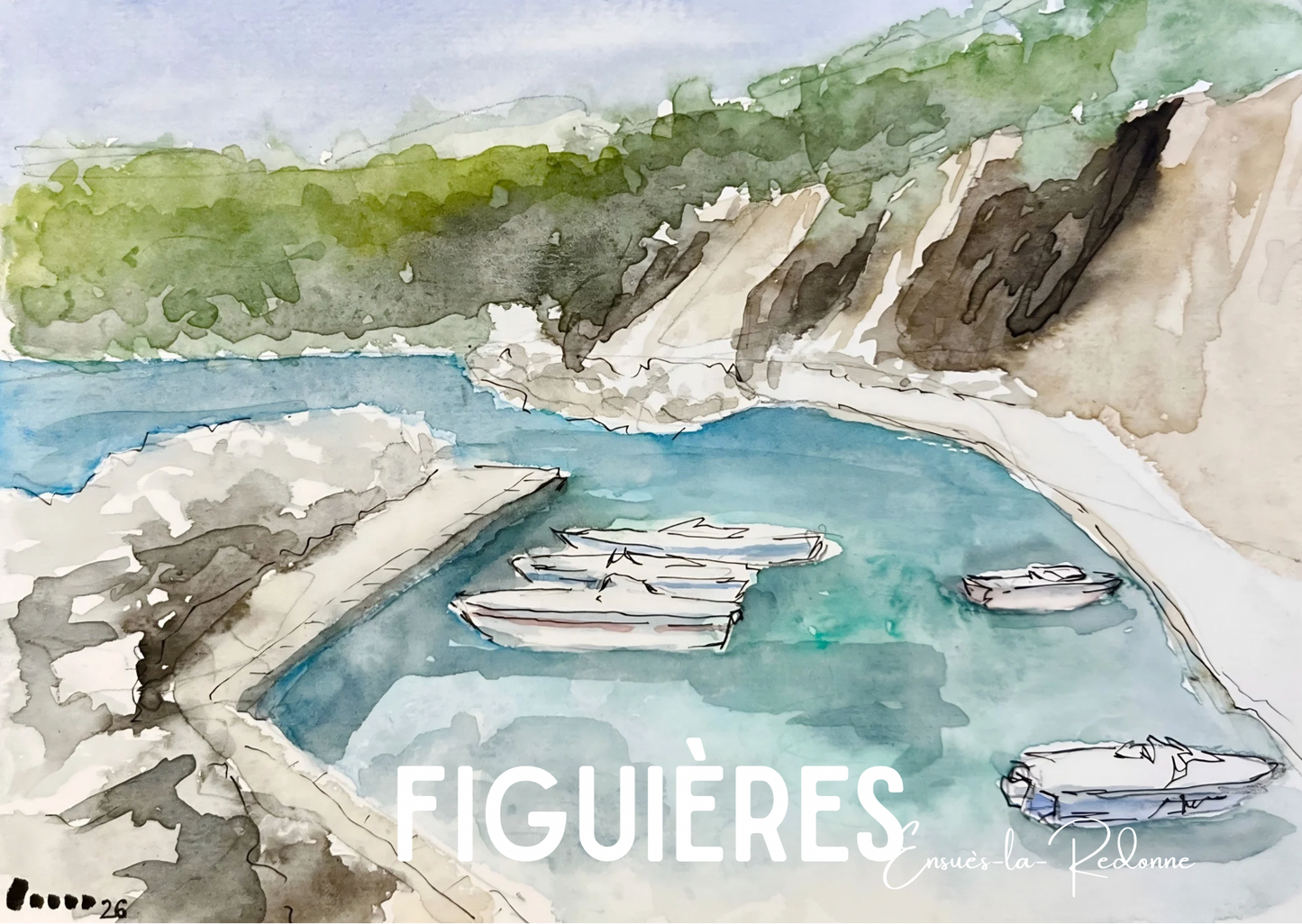 Aquarelle IMPRESSION CARTE POSTALE : Calanques - Figuières